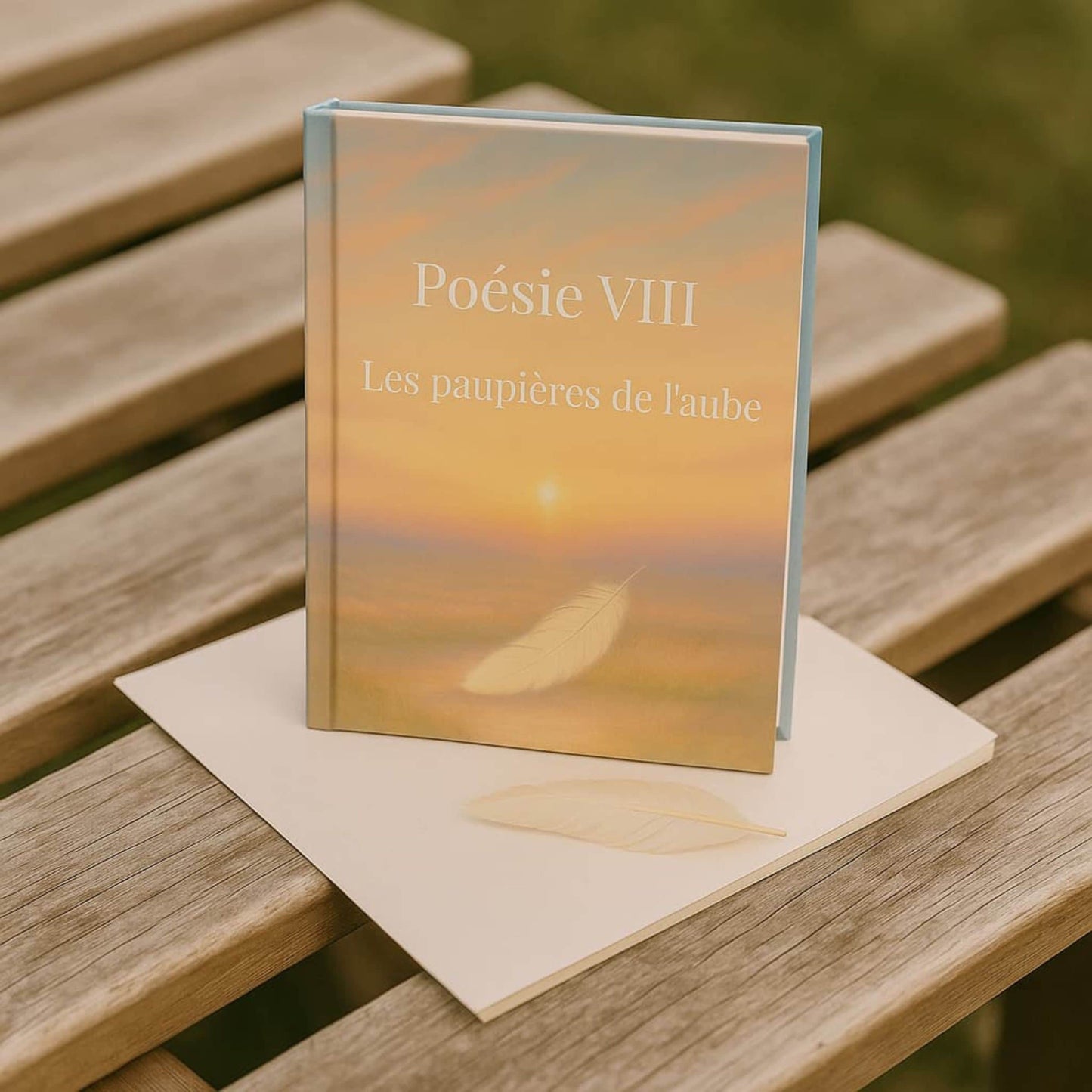 Carnet de poésie Poésie VIII Les paupières de l'aube posé sur une table en bois, une plume à côté