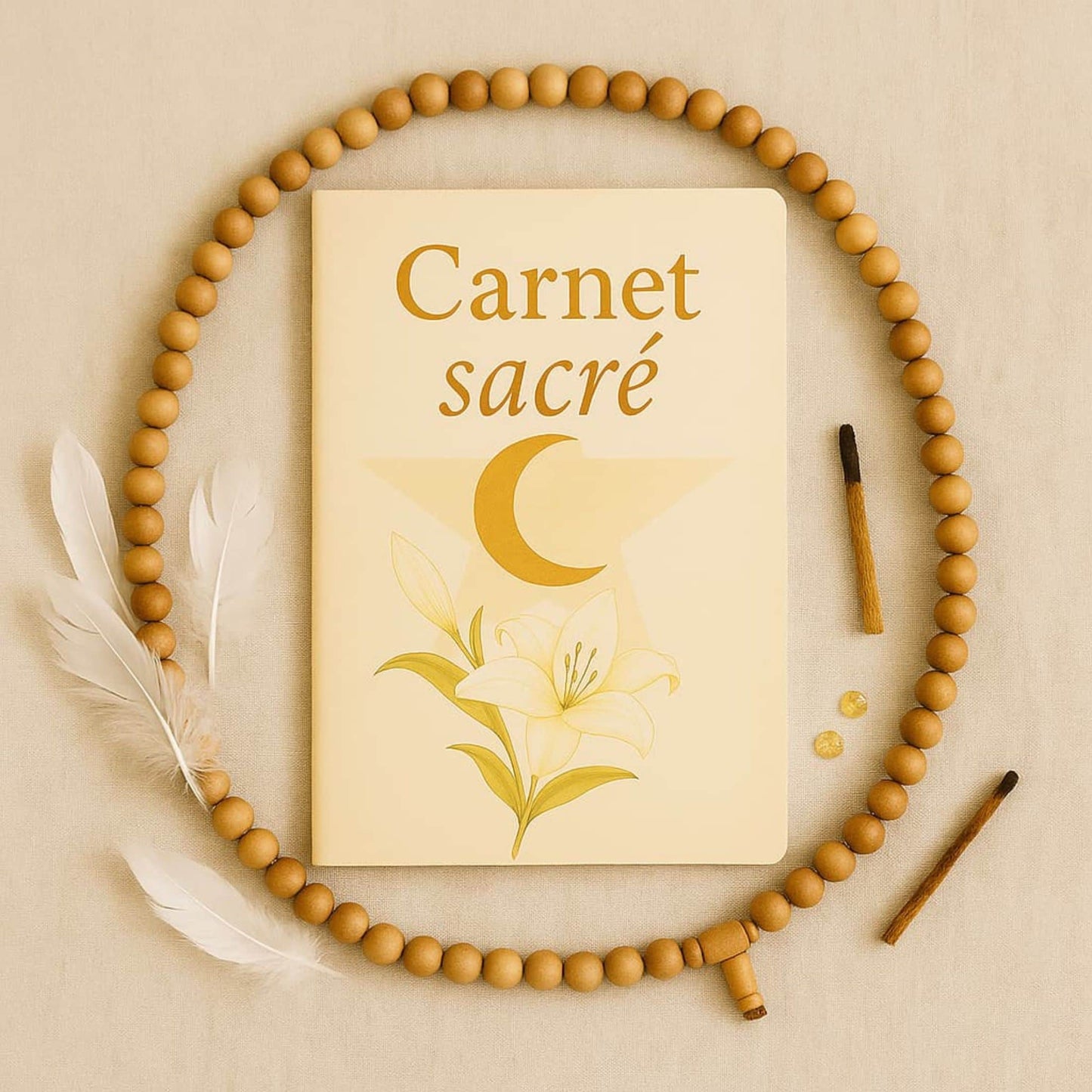 Carnet de rituel Carnet sacré posé sur une nappe beige, entouré d'un collier en perle de bois, d'encens et de plumes blanches