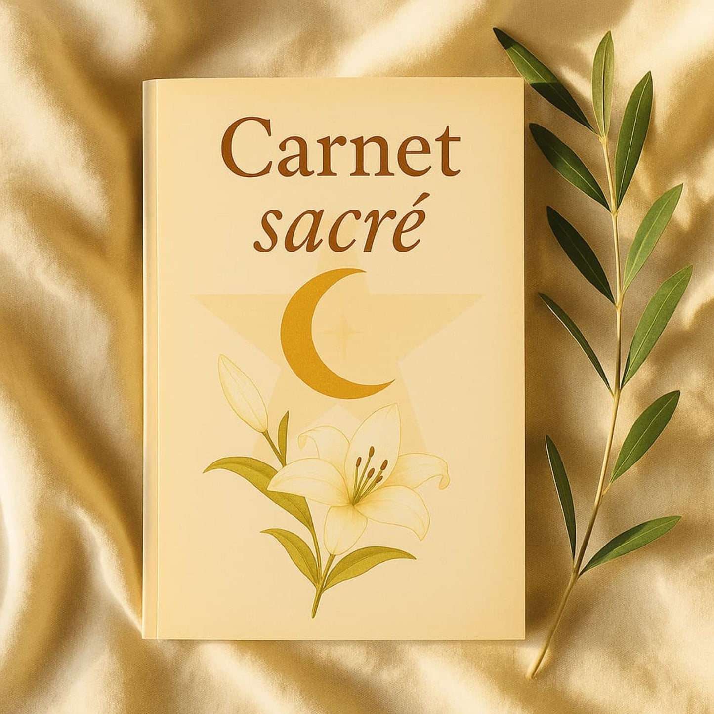 Carnet de rituel Carnet sacré posé sur un drap en satin beige, une feuille de laurier à côté