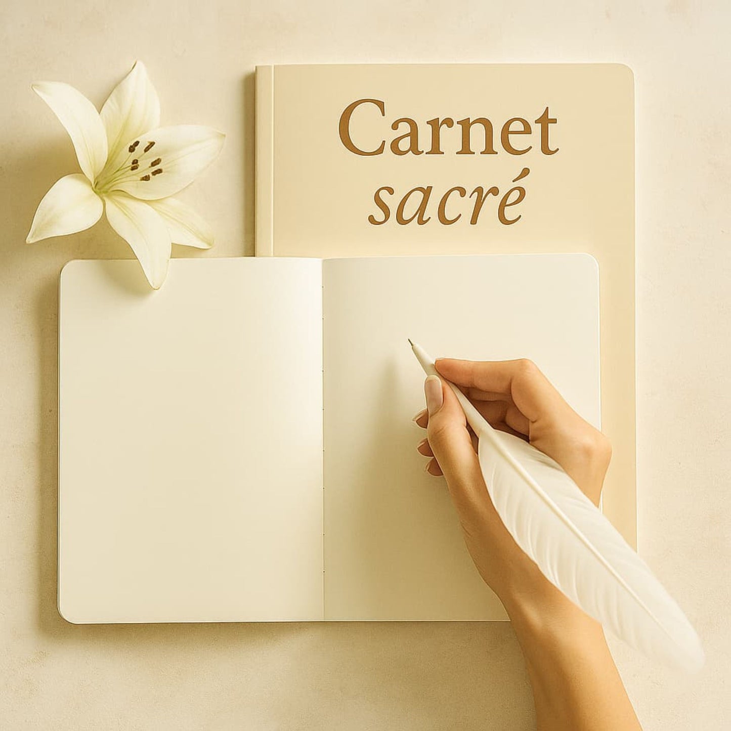 Carnet de rituel Carnet sacré ouvert avec pages blanches, un Lys au dessus du livre