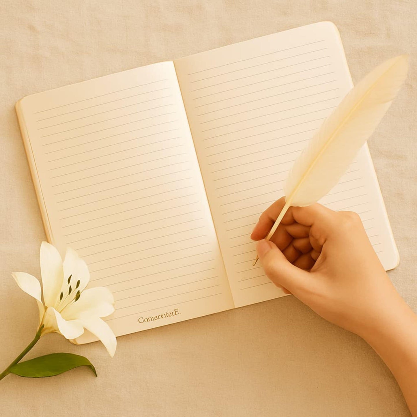 Carnet de rituel Carnet sacré ouvert avec pages lignées et un Lys à côté