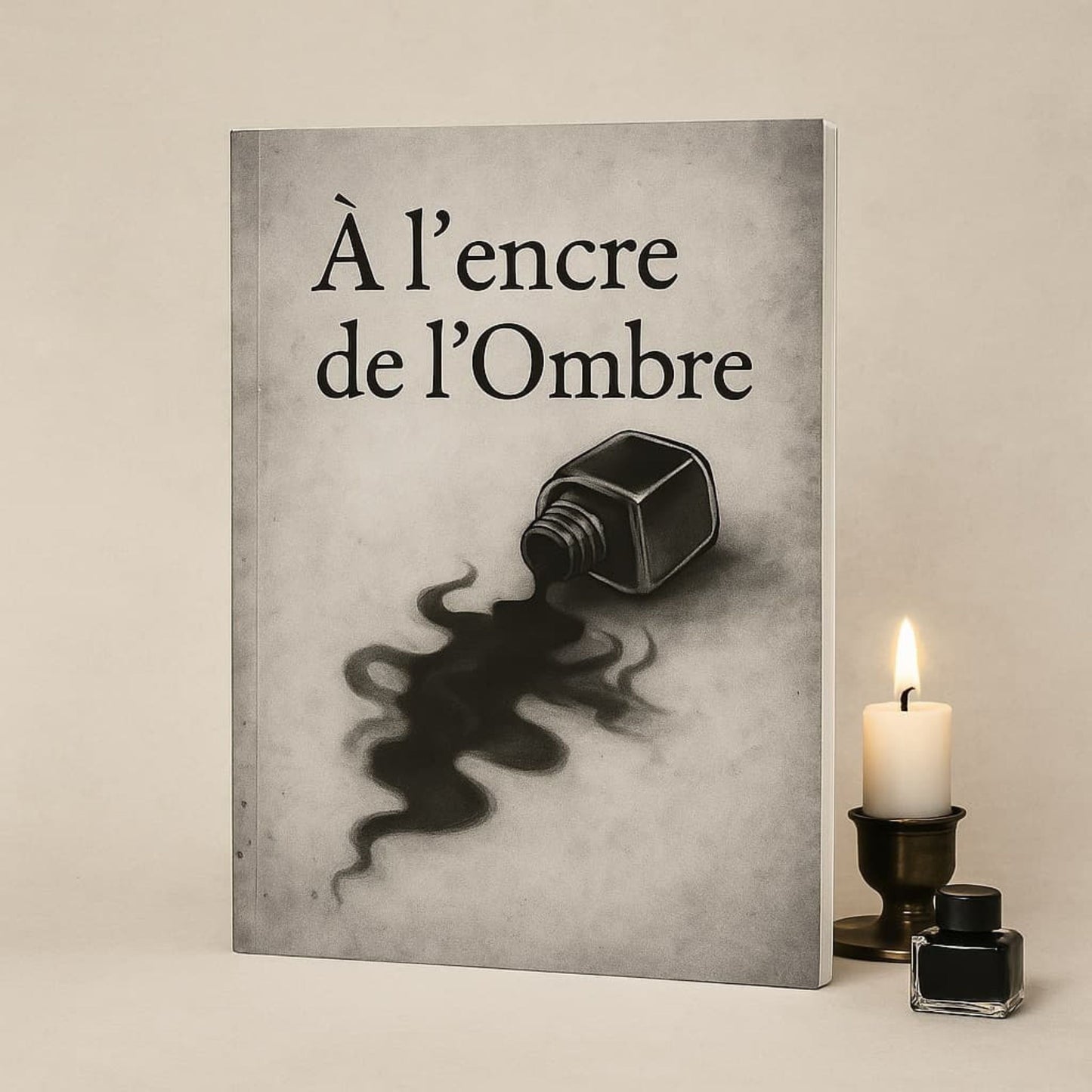 Carnet de notes - À l'encre de l'Ombre - Journal intime posé à la verticale avec une bougie allumée et un encrier à côté