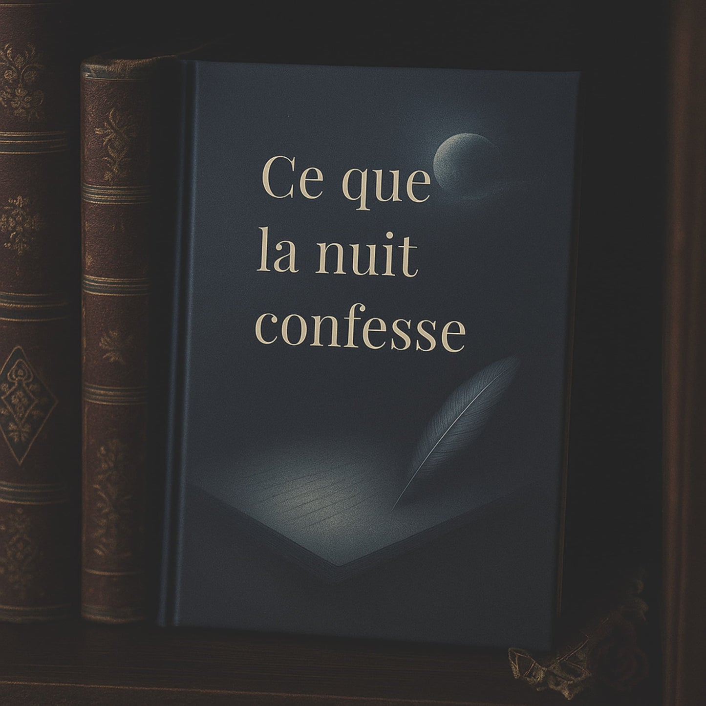Carnet de notes Ce que la nuit confesse - Journal intime posé dans une bibliothèque à côté de livres anciens