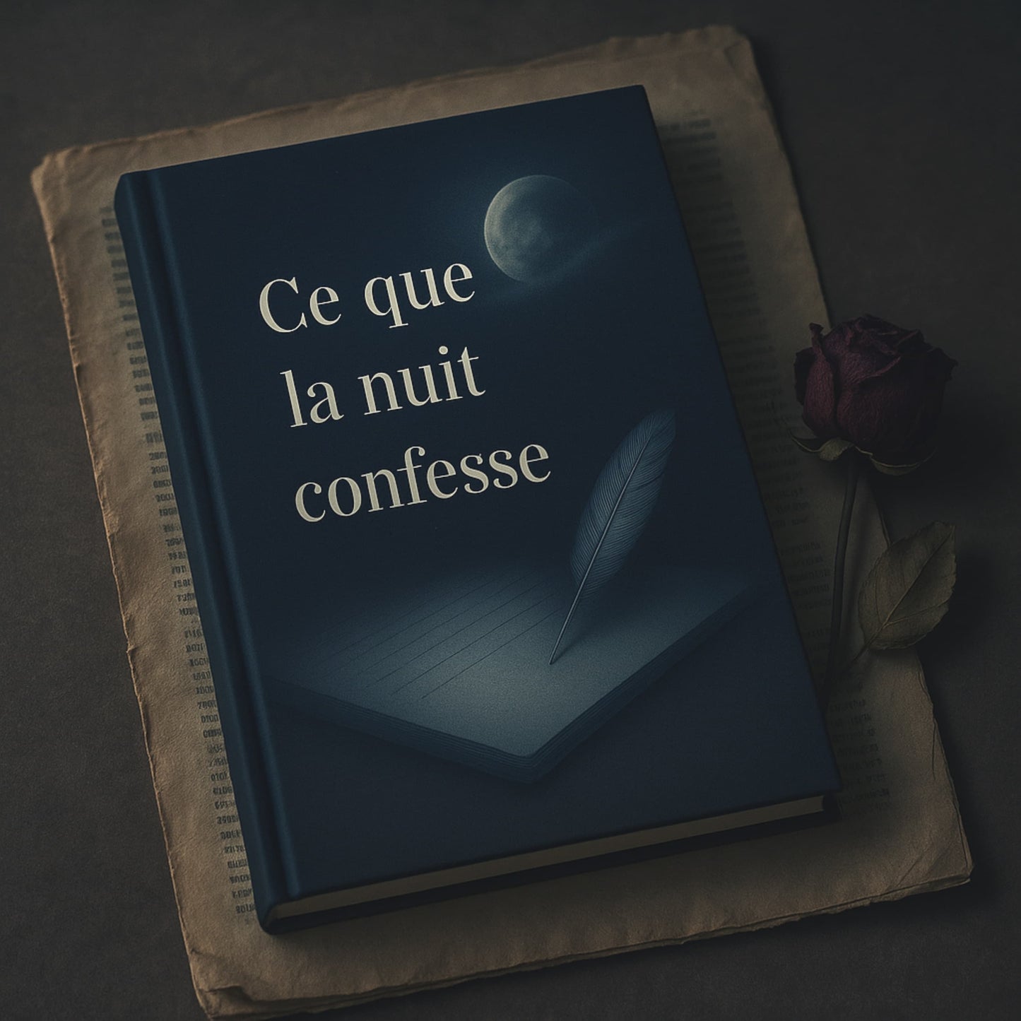 Carnet de notes Ce que la nuit confesse - Journal intime posé sur quelques pages de vieux journal avec une rose rouge séchée