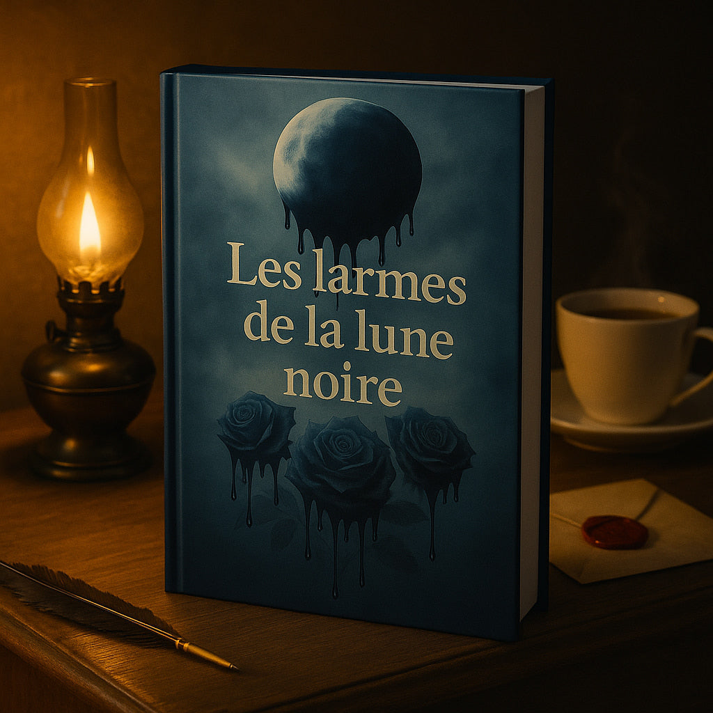 Carnet gothique déposé sur un meuble en bois accompagné d'une tasse de café, d'une lampe et d'une plume noire
