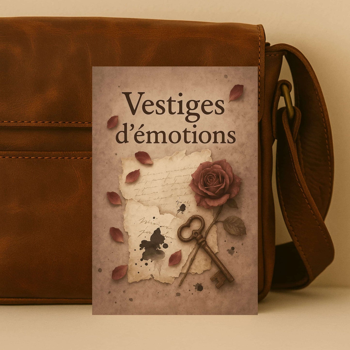 Carnet de notes - Vestiges d'émotions - Journal intime déposé contre un sac en cuir ancien brun