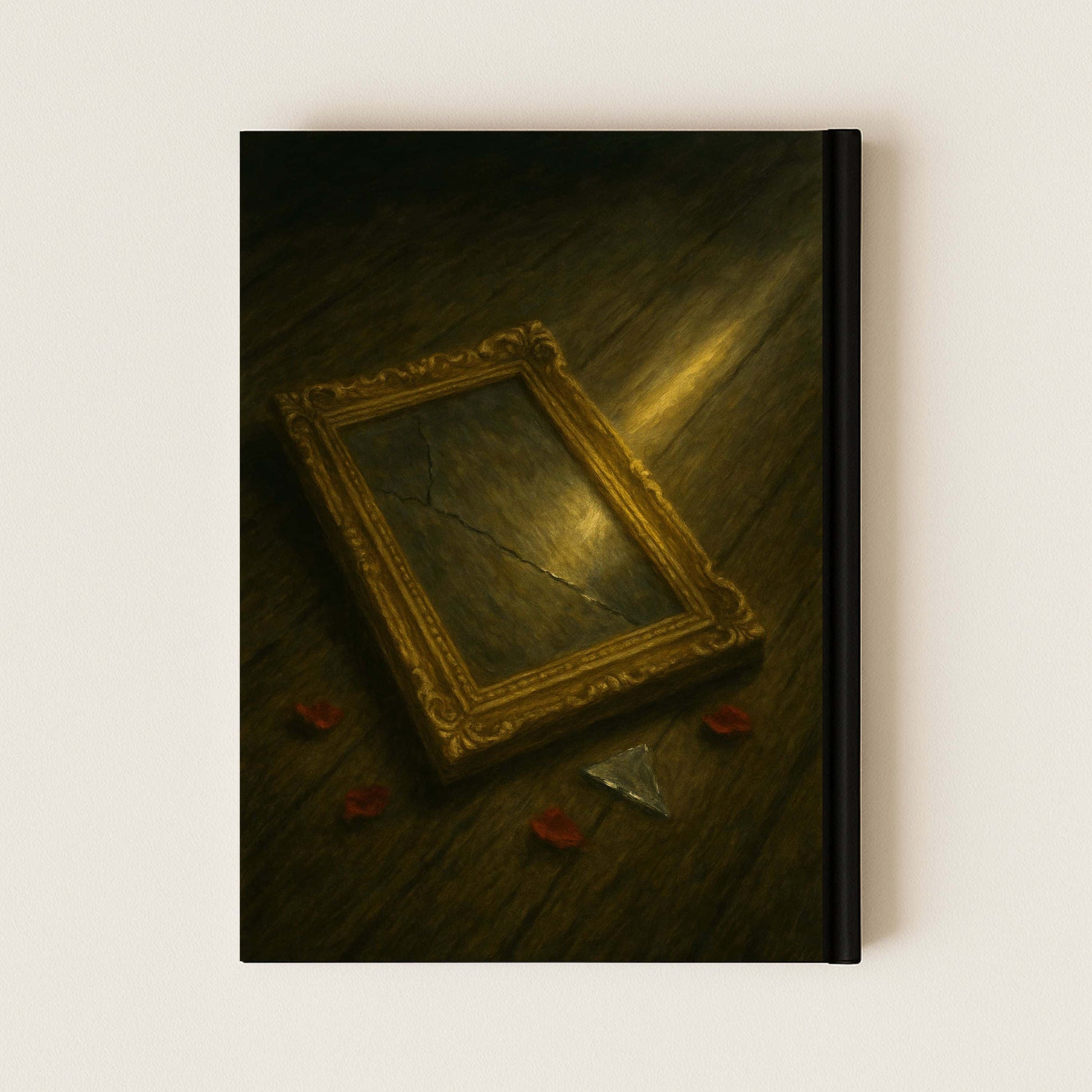 Carnet gothique dont la couverture arrière représente un miroir rectangulaire cassé sur le sol. Des pétales de rose rouge autour.