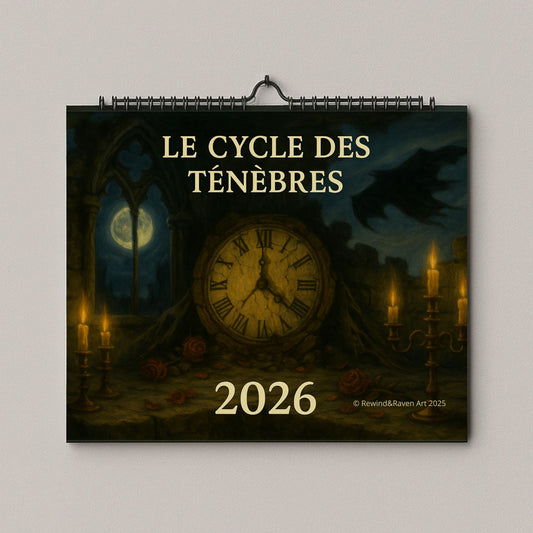 Calendrier gothique avec l'horloge qui représente le temps au clair de lune avec à côté des roses et des chandeliers
