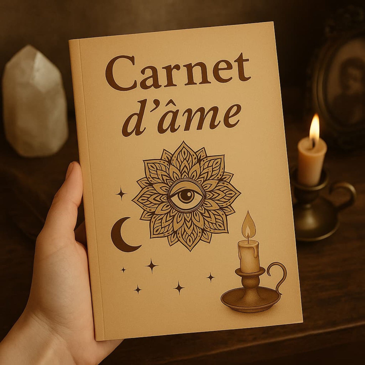Carnet de rituel Carnet d'âme format A5, tenu par une main. À l'arrière plan on perçoit une bougie allumée, un cadre photo et une un quartz posés sur un meuble en bois foncé