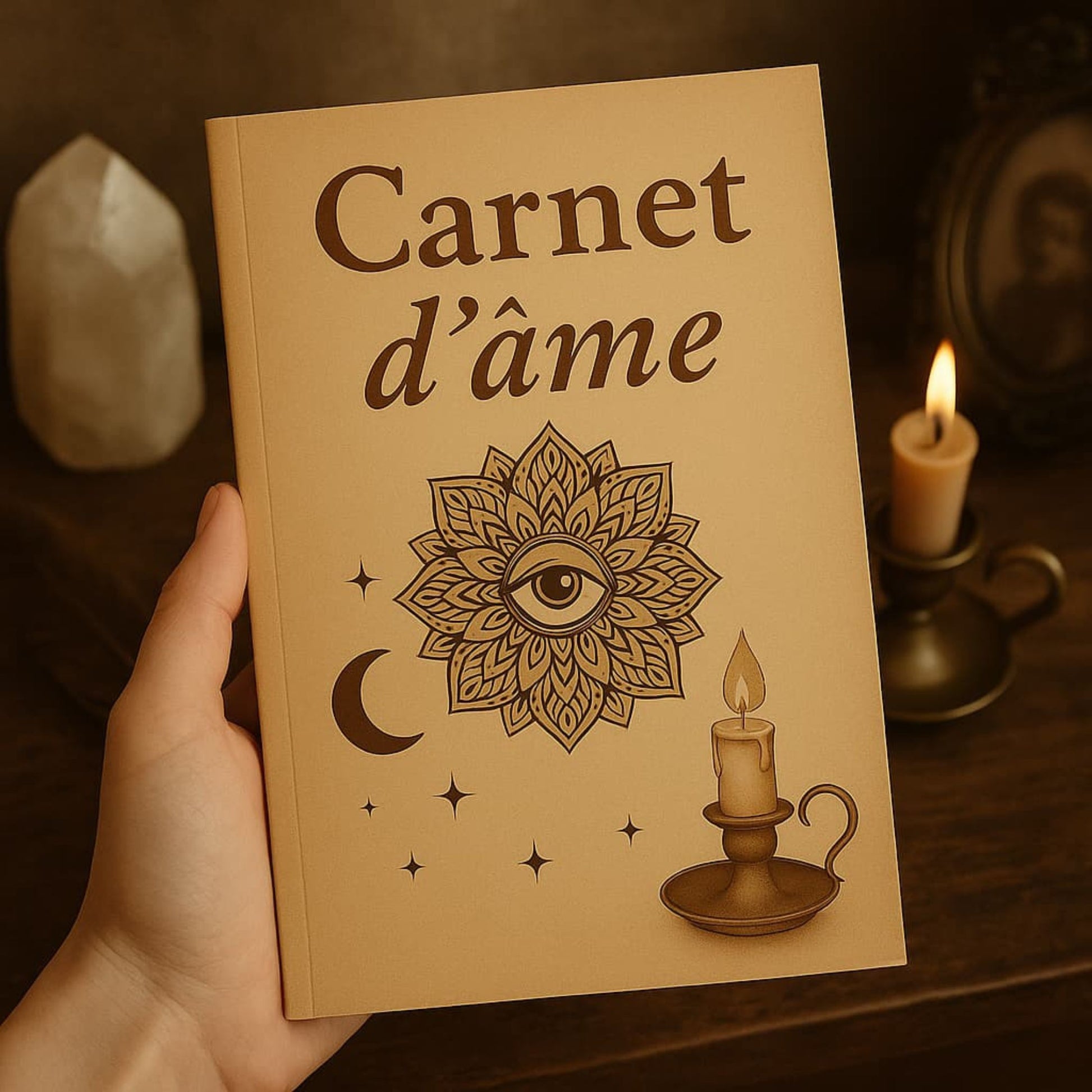 Carnet de rituel Carnet d'âme format A5, tenu par une main. À l'arrière plan on perçoit une bougie allumée, un cadre photo et une un quartz posés sur un meuble en bois foncé