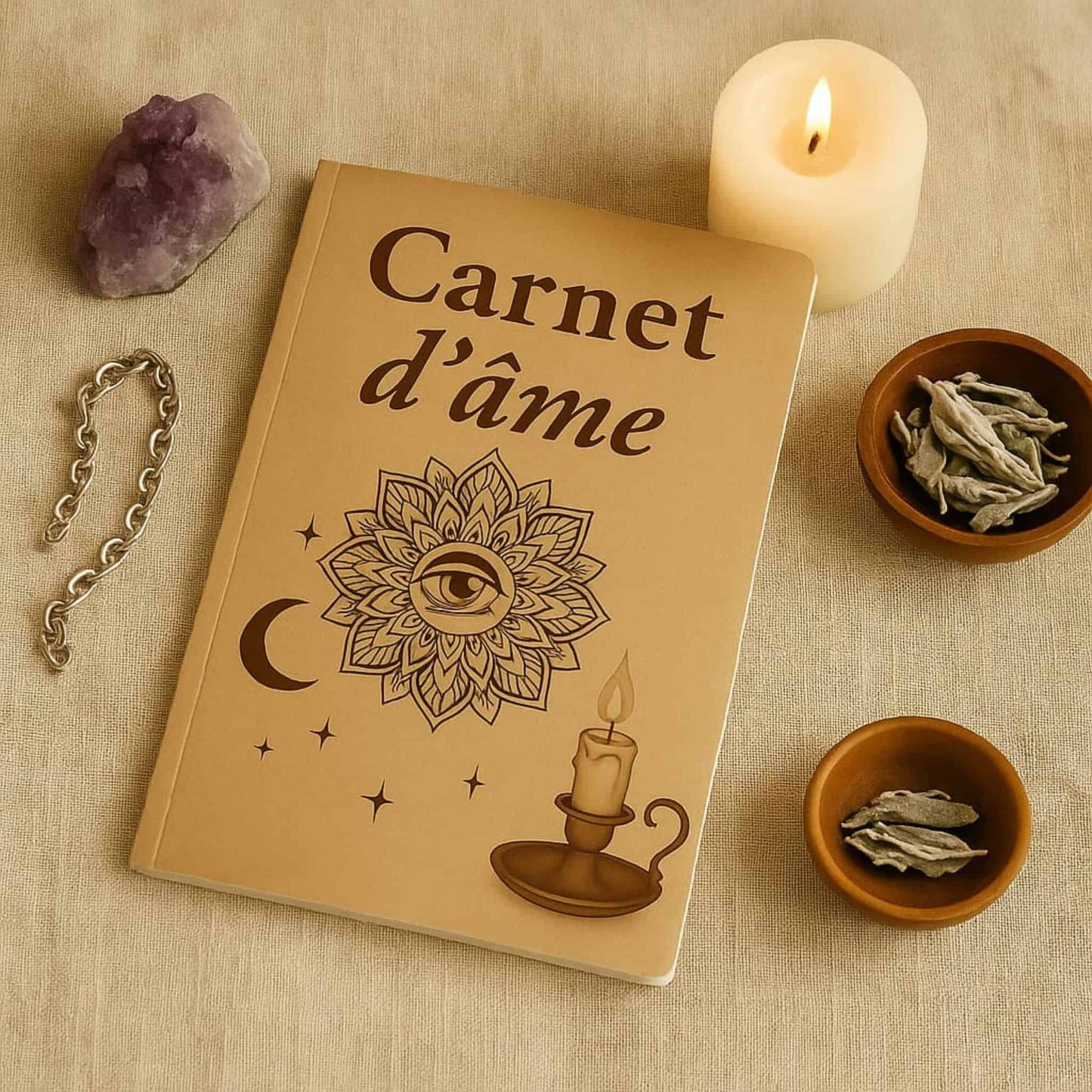 Carnet de rituel Carnet d'âme posé sur une nappe en coton beige avec autour une bougie allumée, une améthyste, un bracelet en chaîne et deux pots comprenant de l'encens