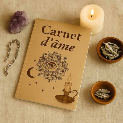 Carnet de rituel Carnet d'âme posé sur une nappe en coton beige avec autour une bougie allumée, une améthyste, un bracelet en chaîne et deux pots comprenant de l'encens