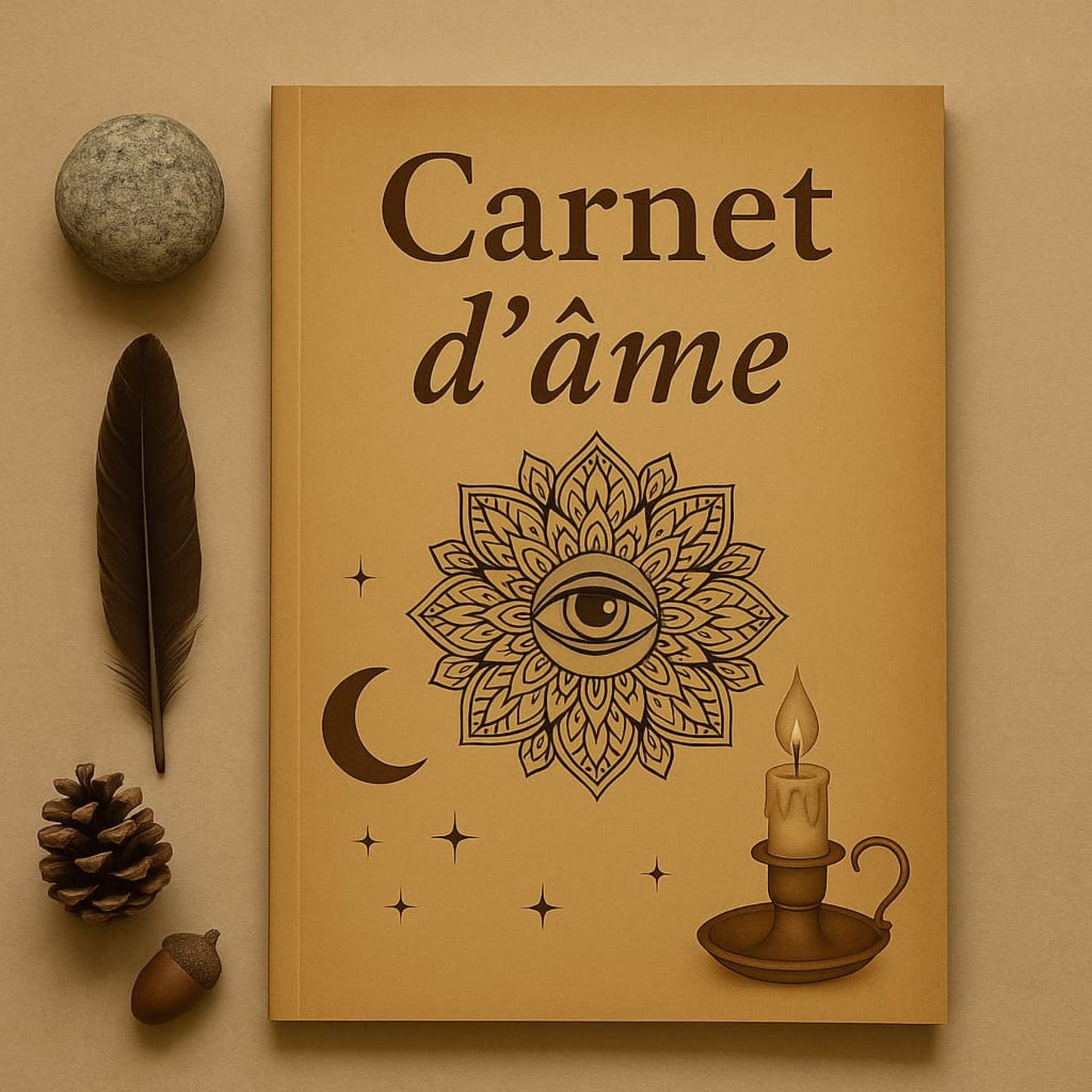 Carnet de rituel Carnet d'âme posé sur un meuble beige avec autour une pierre grise, une plume marron et un gland