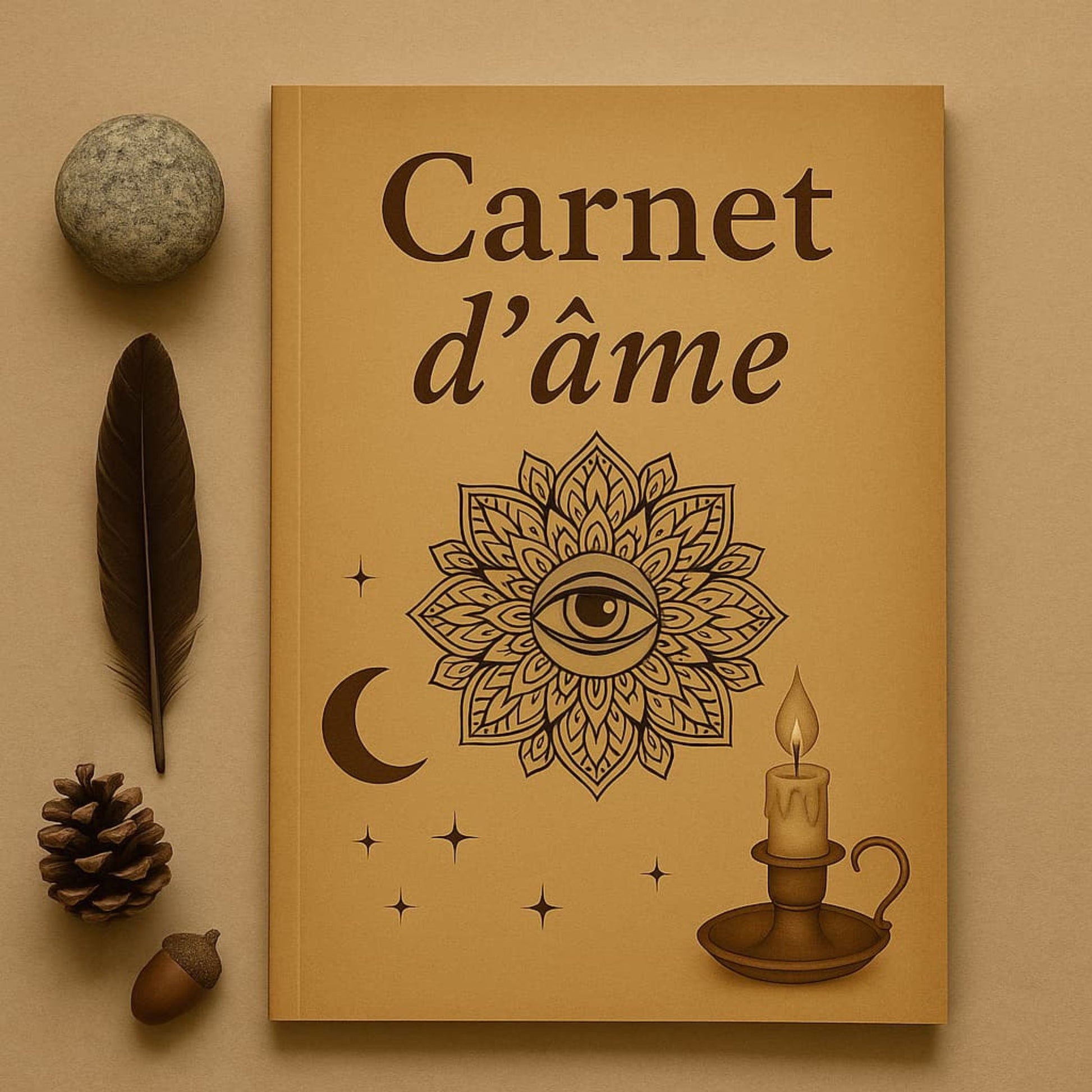Carnet de rituel Carnet d'âme posé sur un meuble beige avec autour une pierre grise, une plume marron et un gland