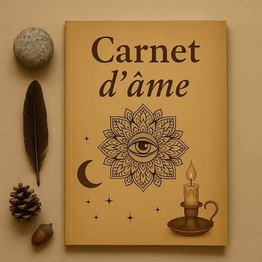 Carnet de rituel Carnet d'âme posé sur un meuble beige avec autour une pierre grise, une plume marron et un gland
