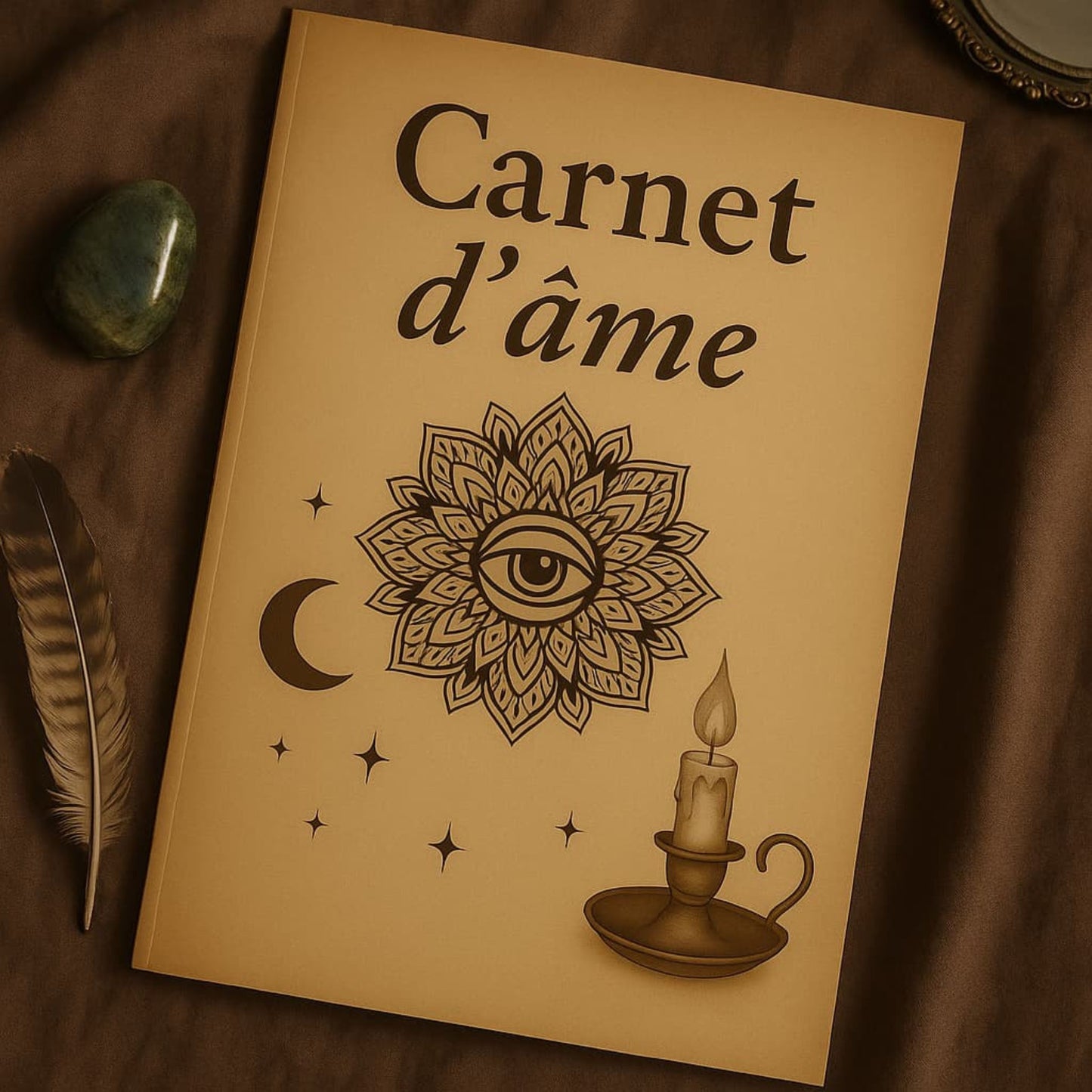 Carnet de rituel Carnet d'âme posé sur une tenture marron avec autour une pierre précieuse verte et une plume