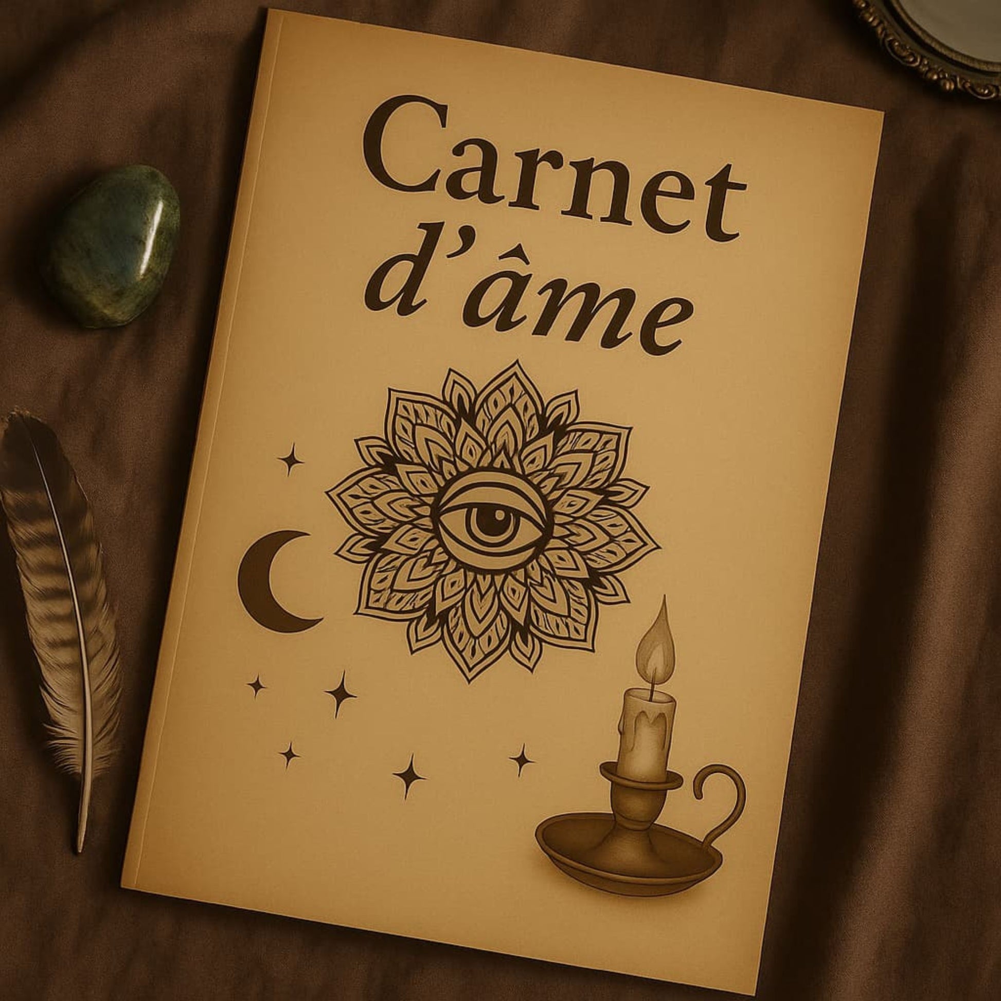 Carnet de rituel Carnet d'âme posé sur une tenture marron avec autour une pierre précieuse verte et une plume