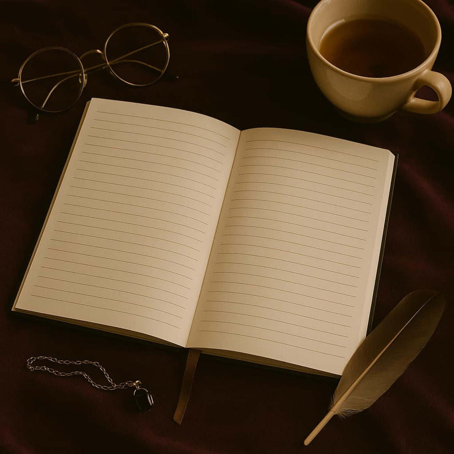 Carnet de rituel Carnet d'âme ouvert pages lignées sur un drap brun foncé avec autour des lunettes, une tasse de thé et une plume