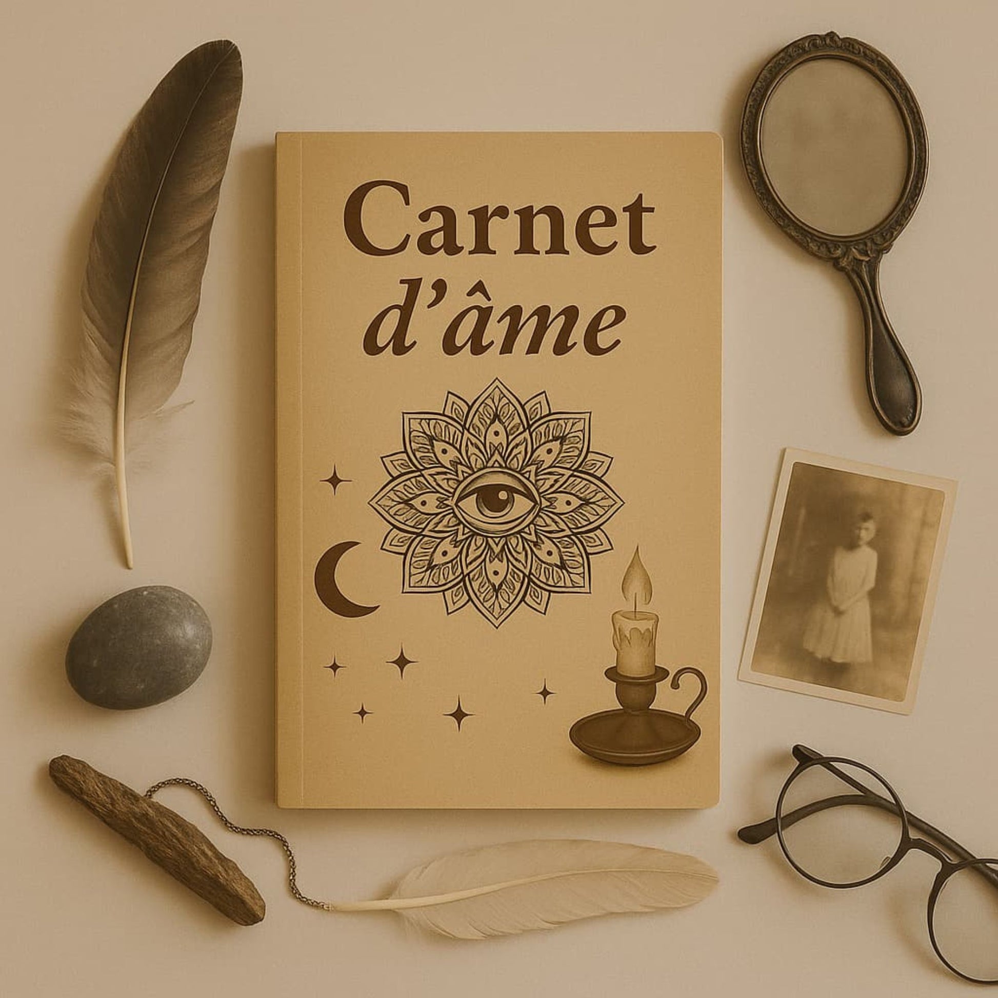 Carnet de rituel Carnet d'âme posé sur un meuble blanc entouré d'une plume, d'un miroir, d'une photo ancienne, 