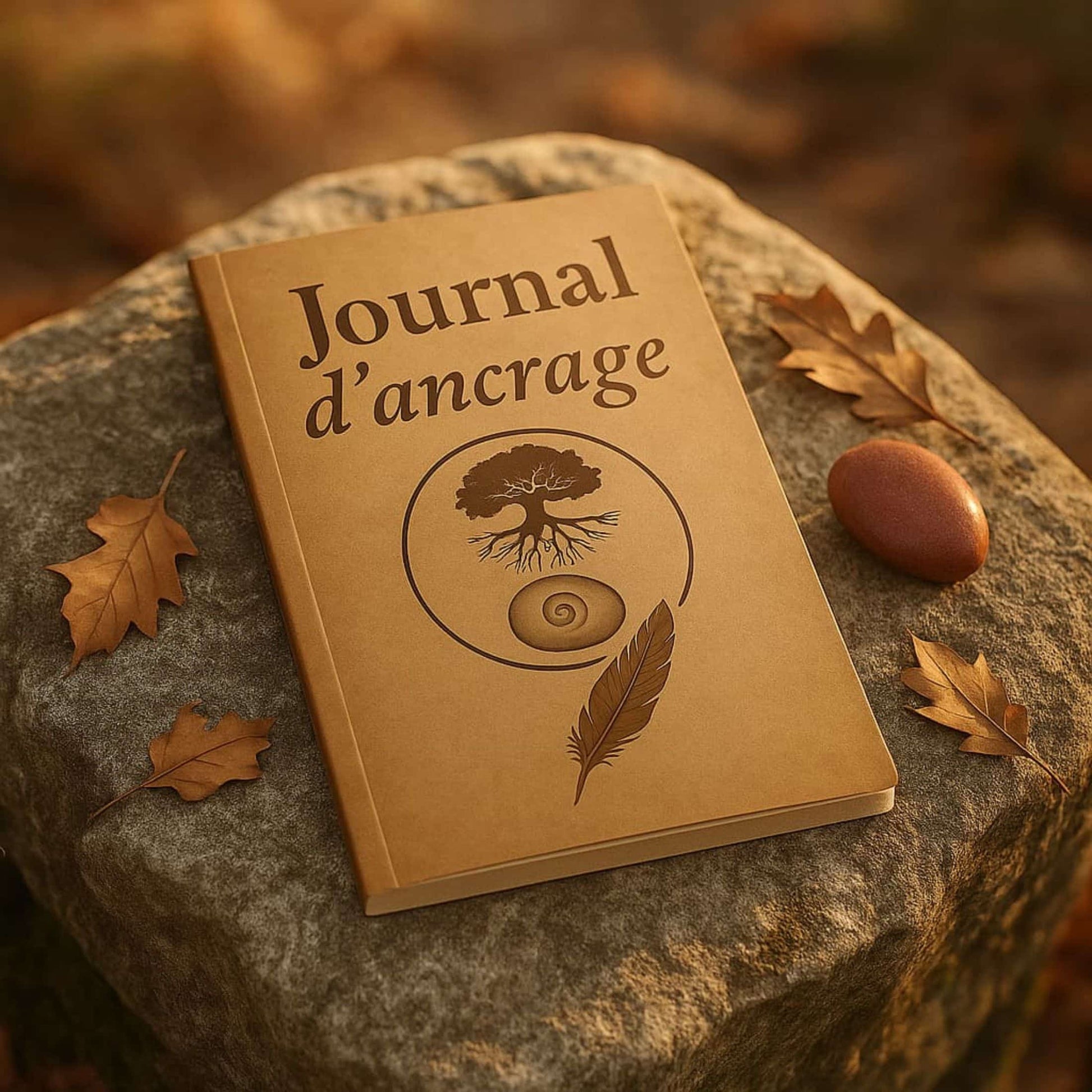 Carnet de rituel Journal d'ancrage posé sur une grande pierre avec une petite pierre et des feuilles d'arbre à côté