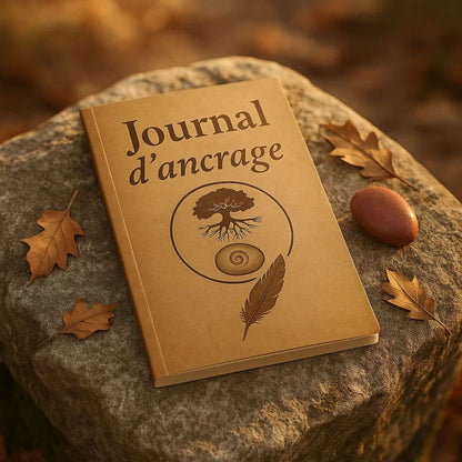 Carnet de rituel Journal d'ancrage posé sur une grande pierre avec une petite pierre et des feuilles d'arbre à côté