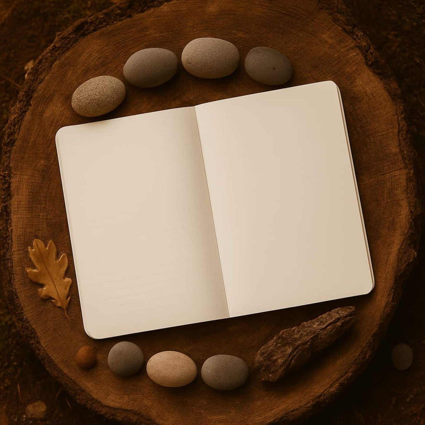 Carnet de rituel Journal d'ancrage livre ouvert pages blanches sur un tronc d'arbres avec pierres autour