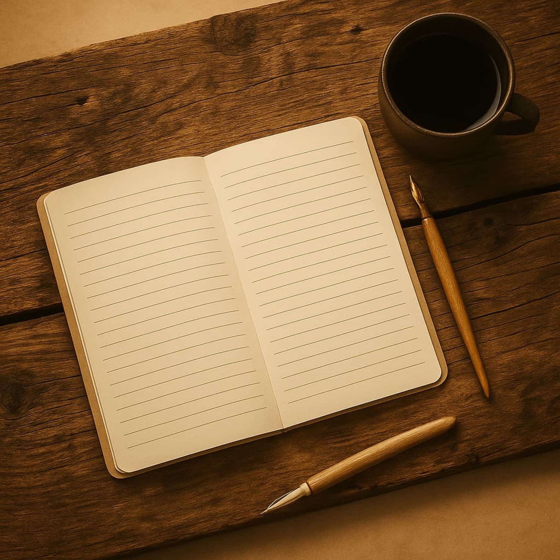 Carnet de rituel Journal d'ancrage pages lignées posé ouvert sur une planche en bois avec à côté une tasse de café et des plumes à encrier