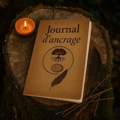 Carnet de rituel Journal d'ancrage posé sur un tronc d'arbre avec une plume noire et un bougeoir allumé