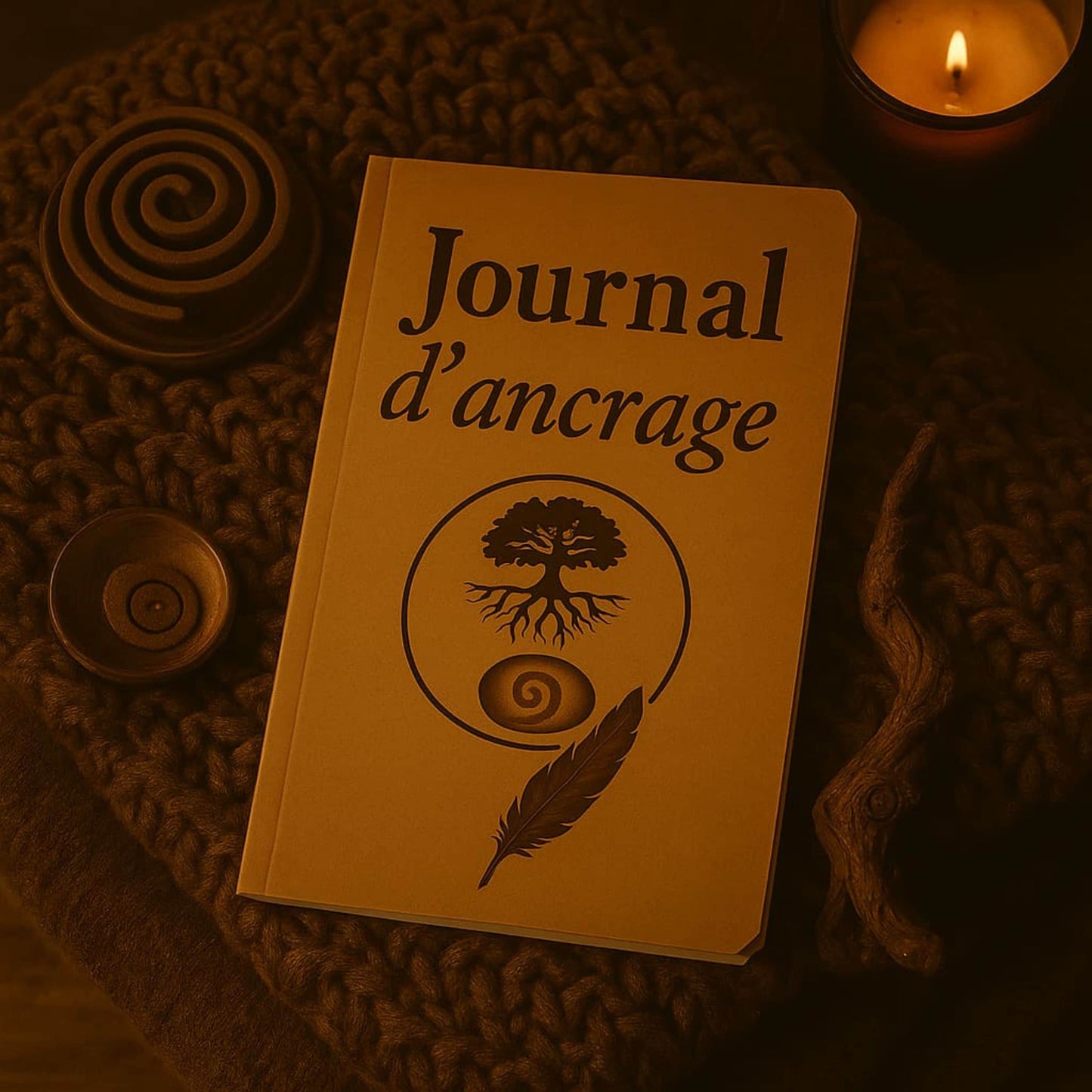 Carnet de rituel Journal d'ancrage posé sur un coussin avec de l'encens et une bougie allumée à côté
