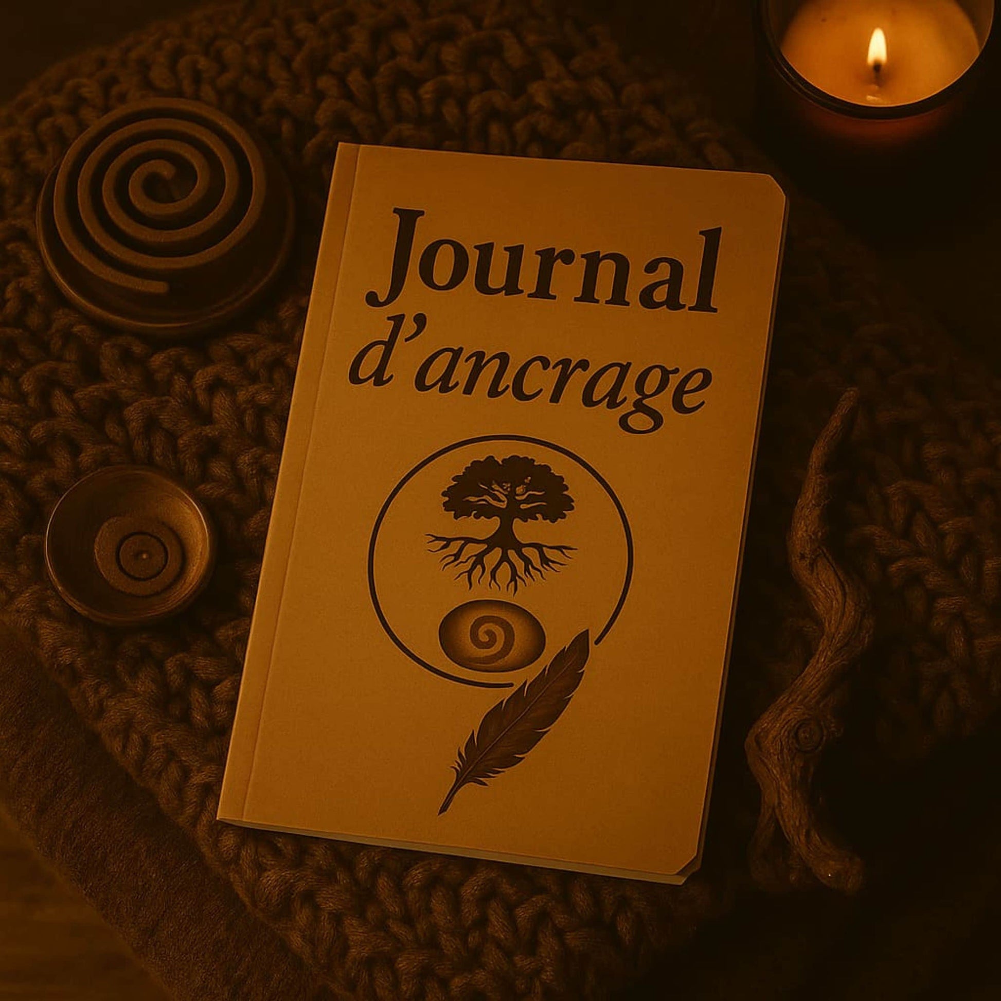 Carnet de rituel Journal d'ancrage posé sur un coussin avec de l'encens et une bougie allumée à côté
