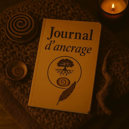 Carnet de rituel Journal d'ancrage posé sur un coussin avec de l'encens et une bougie allumée à côté