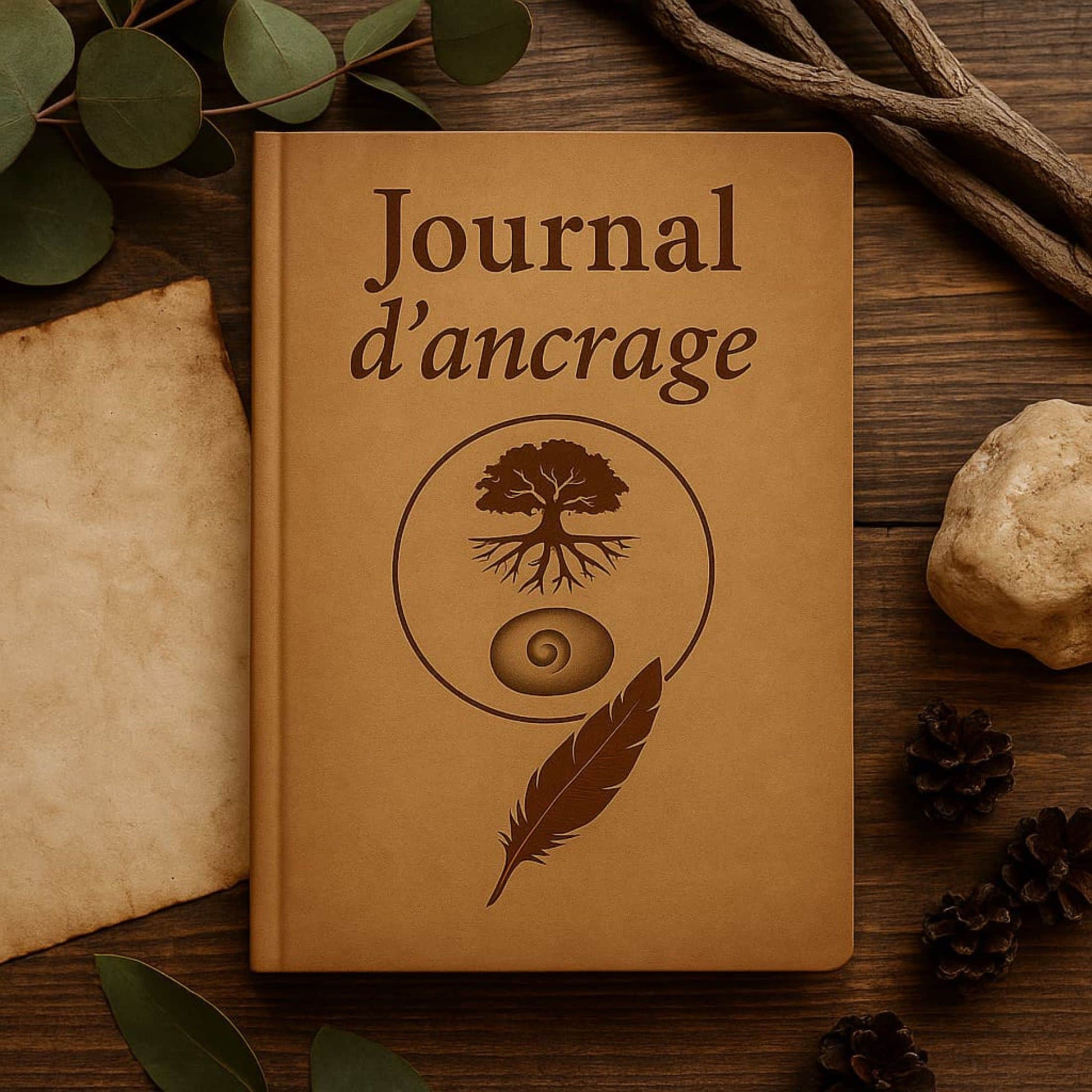 Carnet de rituel Journal d'ancrage pos" sur un meuble en bois avec à côté une pierre, des morceaux de bois et une plante à feuilles vertes