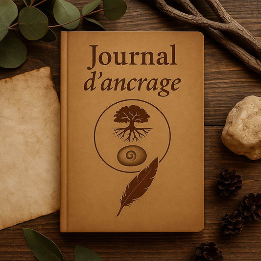 Carnet de rituel Journal d'ancrage pos" sur un meuble en bois avec à côté une pierre, des morceaux de bois et une plante à feuilles vertes