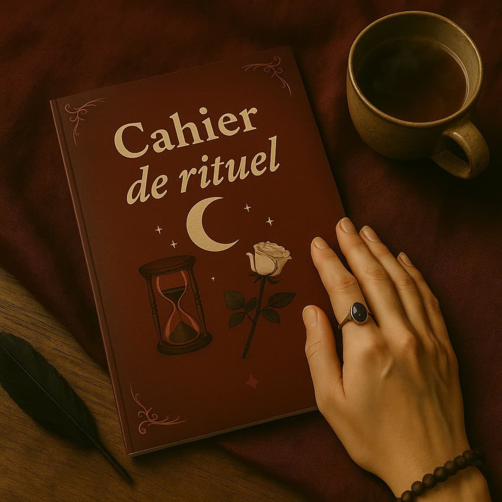 Carnet de rituel - Cahier de rituel posé sur un drap foncé sur une table en bois avec une main posée dessus et une tasse de thé et une plume noire à côté