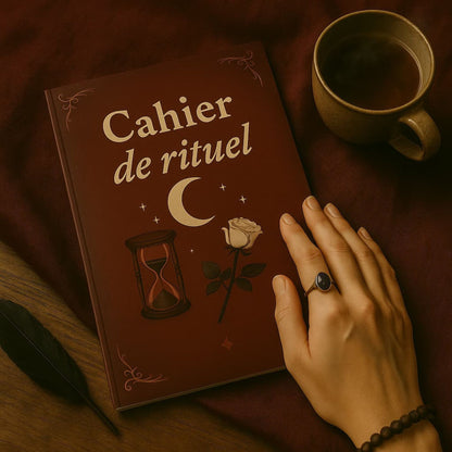 Carnet de rituel - Cahier de rituel posé sur un drap foncé sur une table en bois avec une main posée dessus et une tasse de thé et une plume noire à côté