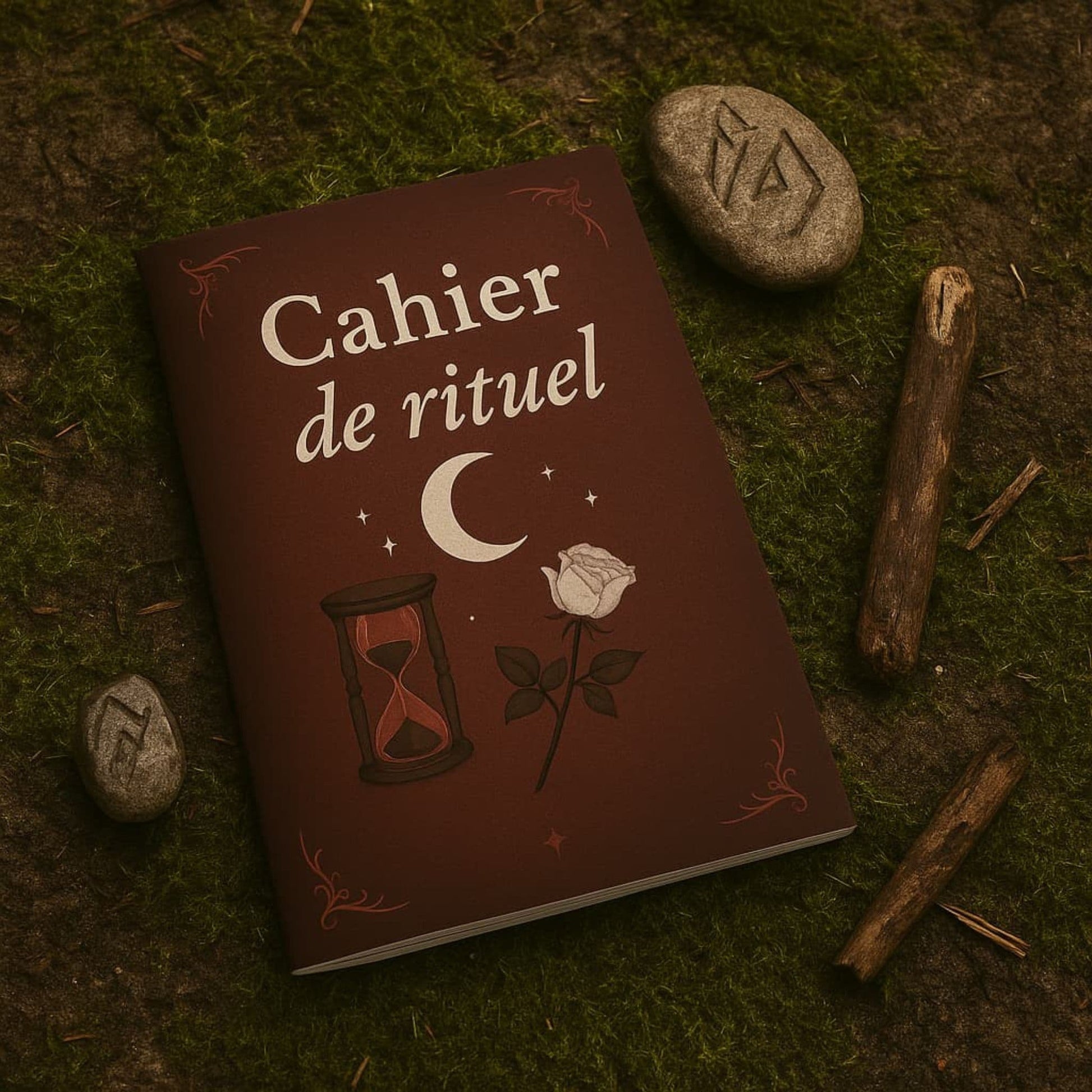 Carnet de rituel - Cahier de rituel posé par terre dans la forêt avec des morceaux de bois et des runes à côté