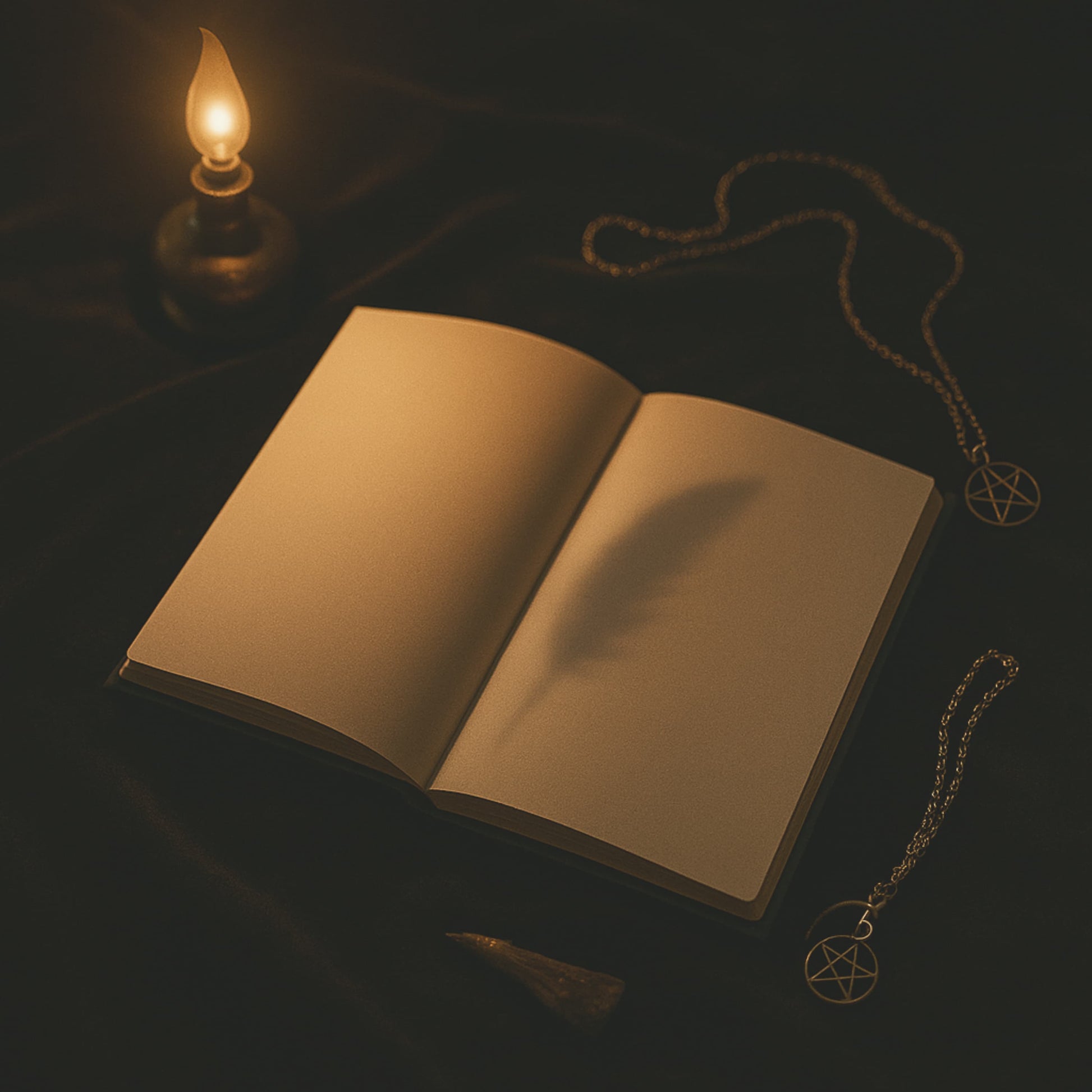 Carnet de rituel - Cahier de rituel posé sur un rideau foncé, ouvert sur des pages blanches avec une bougie allumée et des colliers avec pentacle comme pendentif