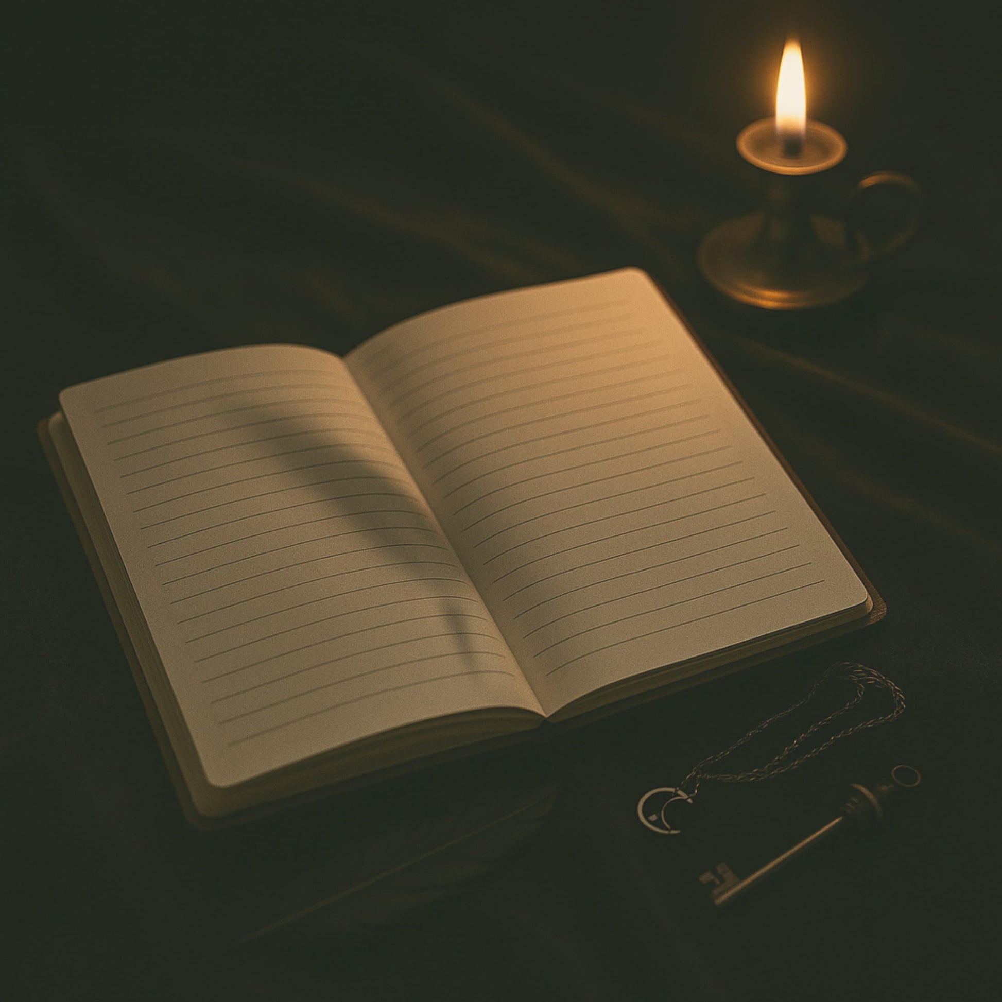 Carnet de rituel - Cahier de rituel ouvert sur des pages lignées, posé sur un drap foncé avec une bougie allumée, une clef et un collier en métal à côté