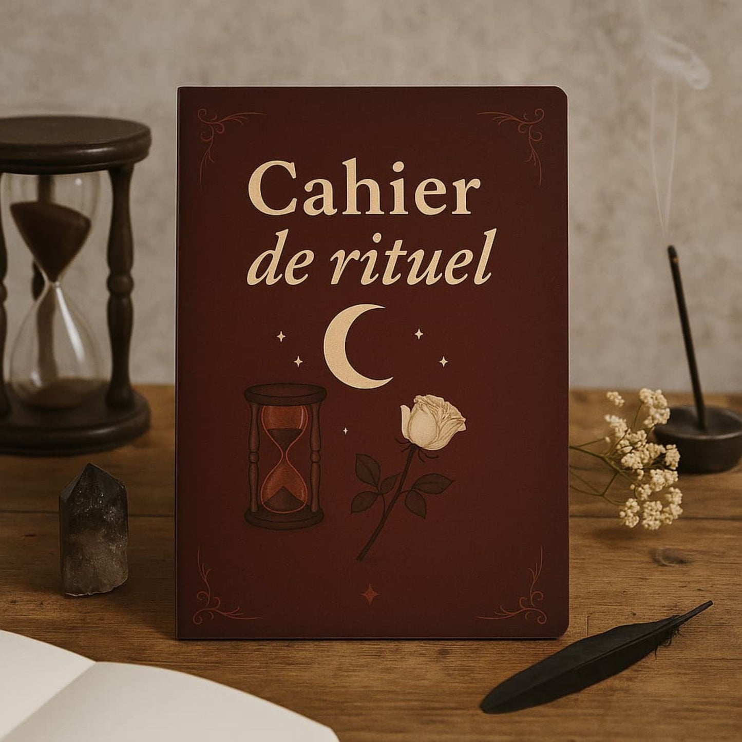 Carnet de rituel - Cahier de rituel posé sur un meuble en bois avec un grand sablier en arrière plan, entouré d'une pierre précieuse, d'une plume noire et d'un bâton d'encens