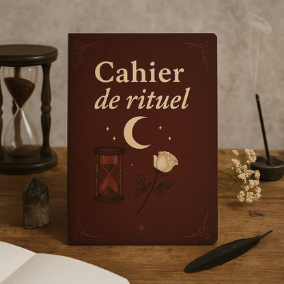 Carnet de rituel - Cahier de rituel posé sur un meuble en bois avec un grand sablier en arrière plan, entouré d'une pierre précieuse, d'une plume noire et d'un bâton d'encens