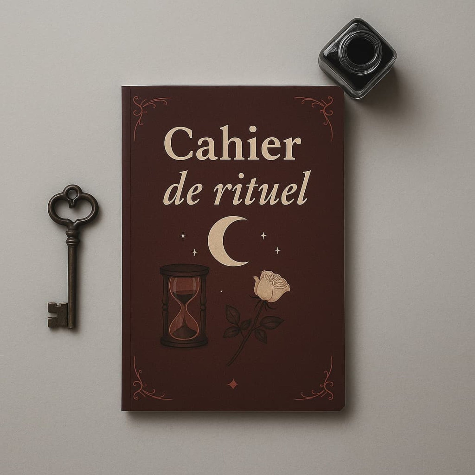 Carnet de rituel - Cahier de rituel bordeaux entouré d'un encrier noir et d'une clef ancienne