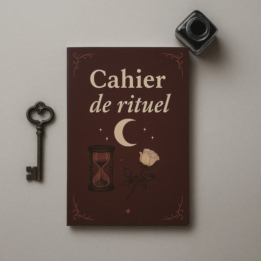 Carnet de rituel - Cahier de rituel bordeaux entouré d'un encrier noir et d'une clef ancienne
