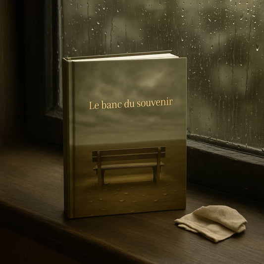 Carnet de deuil - Le banc du souvenir  - journal de guérison placé sur le bord de fenêtre en bois, au travers de la fenêtre on aperçoit qu'il pleut