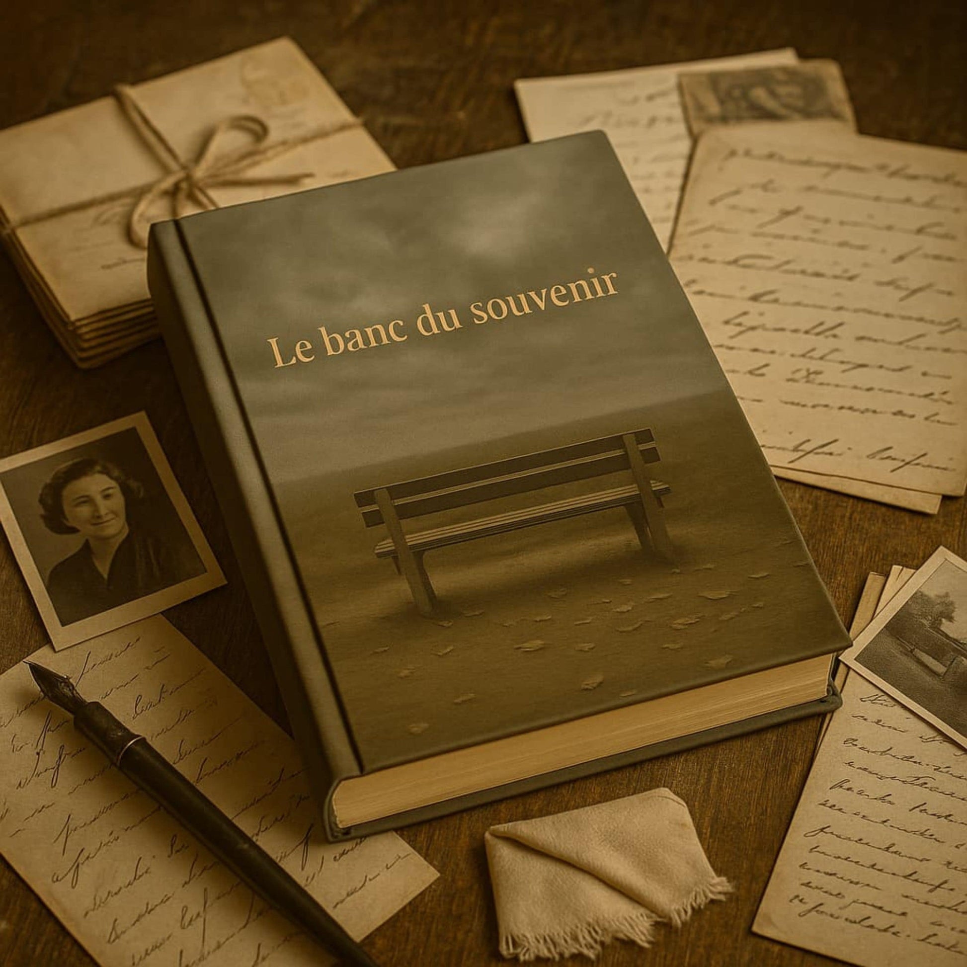 Carnet de deuil - Le banc du souvenir  - journal de guérison déposé sur d'anciennes lettres manuscrites, il y a aussi une vieille photo et un vieux stylo