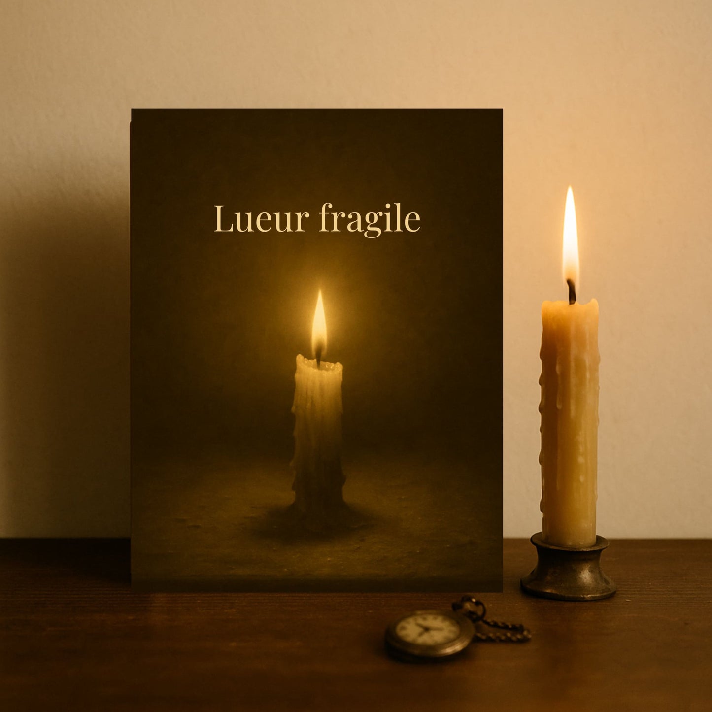 Carnet de deuil - Lueur effacée - livre déposé contre un mur sur une table en bois avec une bougie allumée et une montre gousset à côté