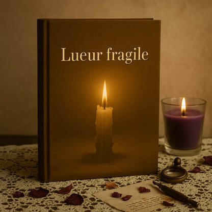 Carnet de deuil - Lueur effacée - Journal de guérison posé sur une nappe dentelée avec une bougie parfumée allumée à côté