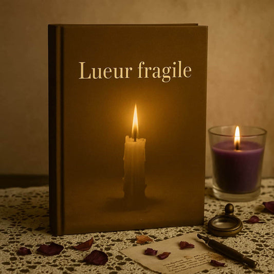 Carnet de deuil - Lueur effacée - Journal de guérison posé sur une nappe dentelée avec une bougie parfumée allumée à côté