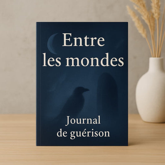 Carnet de deuil - Entre les mondes - Journal de guérison posé sur une table