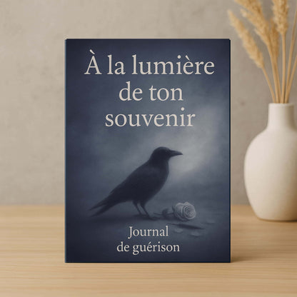 Carnet de deuil - À la lumière de ton souvenir - Journal de guérison posé près d'un pot fleuri
