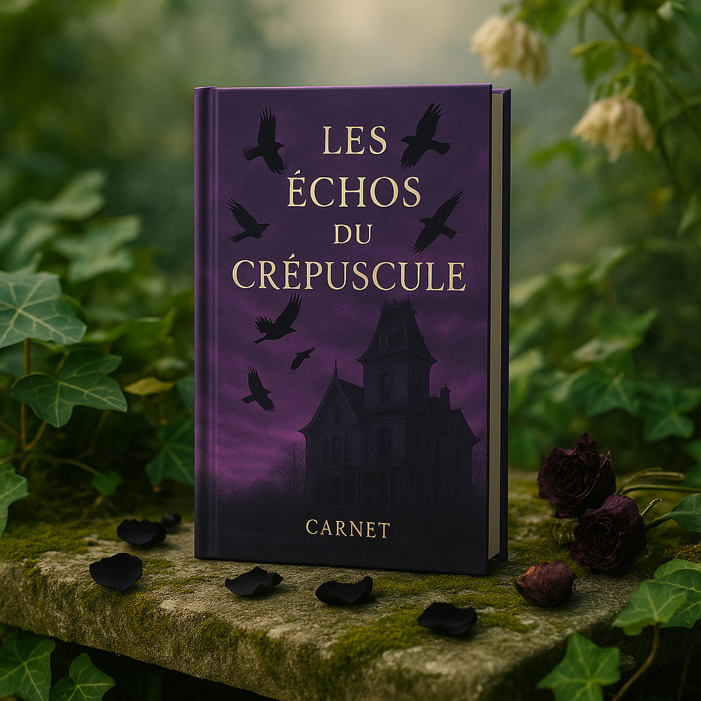 Carnet gothique déposé sur une pierre avec mousse et pétales de roses rouges fanées. Scène dans un jardin fleuri